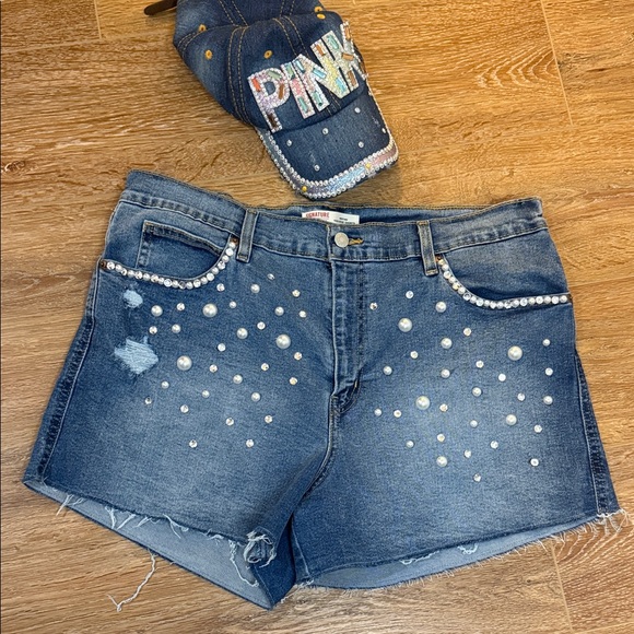 Signature by Levi Strauss Pants - Signature by Levi Strauss Blue Denim Pearl & Rhinestone Heritage Jean Shorts 16